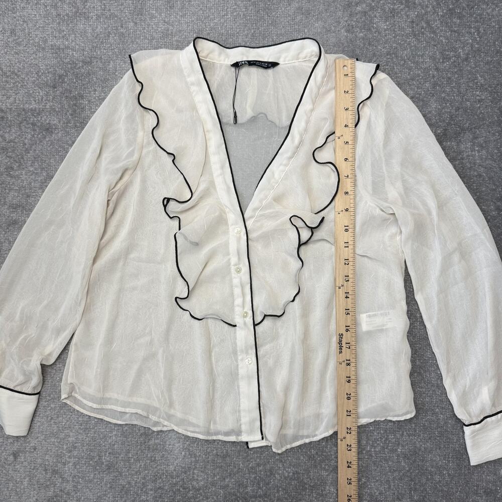 Zara Shirt Womens Medium Cream Sheer Ruffle Button Front Long Sleeve V Neck - Picture 6 of 7